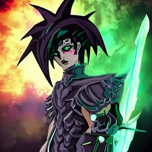 Prompt: Necro
Is 16 years old he has black poison green hair a mixed hairstyle he has a dark star called black death he has the power necromancy also necromancy he has two battle scythes and when he uses his transformation he can combine his two scythes and into one make chaotic weapon and he can create blue fire where even hotter is hell fire.








In his transformation he looks like he has two horns and a dark furry robe and flaming blue eyes and in special stelae brent forth with blue fire, P.S I don't want him to be an emo sasuke back to the necro i intend him to be a weird one shape achieved. Colt and Necro have a friendly and nice relationship and they sometimes talk to each other. The story of Necro he was raised to a bad childhood his family was poor and he had to do everything for his family he was an only child and his parents were sick before his bad life his family was rich and respected but a weird god or a catan came to the city to wanted his victim get the child named Necro, Necros parents made a deal a long time ago with the catan named Qeth the living creature from tot, this deal was about for example, Necros parents: oh Qeth please save our city ​​of a constrol. Qeth: I will do it, but for my reward you give your firstborn child to sacrifice for me. Necros parents: we will do it. so they approved this deal with their bluth. if you are wondering what makes a constrol, a constrol is a darkstar monster capable of destroying entire mega continents. when qeth came to get necro as a sacrifice but necro's parents said no we don't want it. Qeth got angry and destroyed the whole town in one swing with his scythe he left Necro and his parents alive he hated give Necro so he gave him a Dark Star called Black Death as it was supposed to be a punishment for Necro and his parents Black Death is like a disease that slowly kills Necro.
