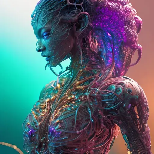 Prompt: translucent black women in biomechanical body, liquid cooling, intricate circuits, beautiful, elegant, brown gradient with turquoise, purple and golden smoke and pink crystal liquid, stunning, render, hyper realistic, octane render