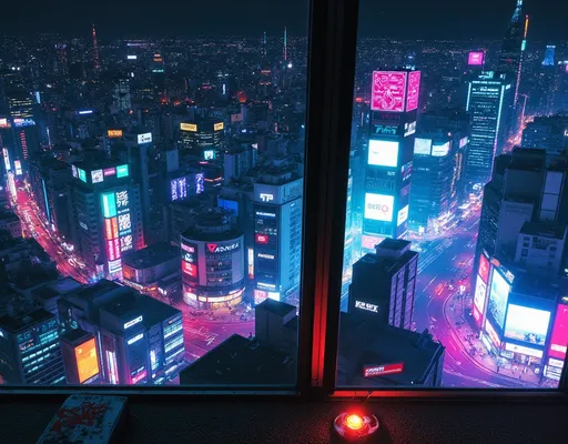 Prompt: City view of Tokyo at night, vibrant neon lights illuminating the rooftops of Shibuya, futuristic skyscrapers glowing in a cyberpunk style, showcasing dynamic movement and energy, ultra-detailed virtual landscape, inspired by Beeple's video art, a mesmerizing blend of high-tech and urban beauty, capturing the essence of a bustling metropolis. 4K, cinematic ambiance.