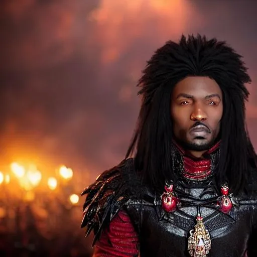 Prompt: photo detailed eyes, black-american male vampire of darkness, full body shot, long flowing black hair, greyish skin, extravagant black and red male tudor clothing, hidden evils, radiant bright, octane render, 9k, aura, HDR, in the style of Rossdraws, volumetric light, immense detail, cinematic light, mansion background, full body shot, dslr, varying walking positions, roaring, castle background, medium long shot, candles in room, rococo furniture, --ar 3:2