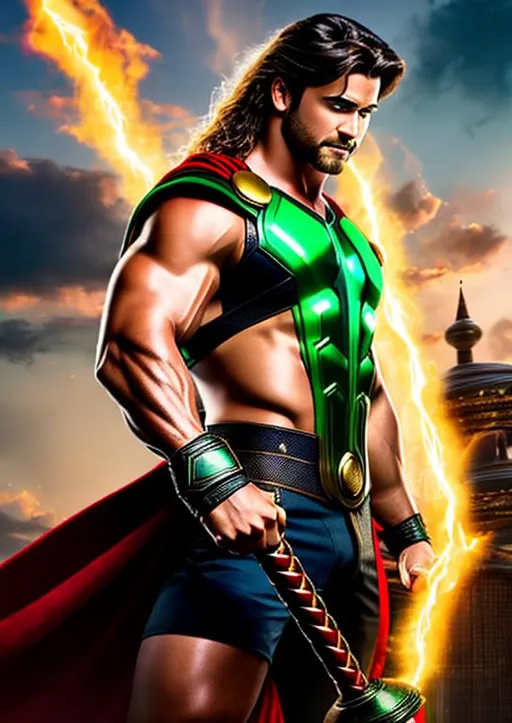 Prompt: High-resolution hyperrealistic photo of marvel's demigod {{hercules}} merged with thor, undercut mullet hair, holding mjolnir, green and red and black and gold costume, uhd, hdr, 64k