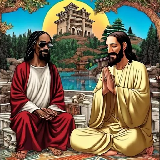 Prompt: Jesus sharing a joint with snoop dogg and Buddha