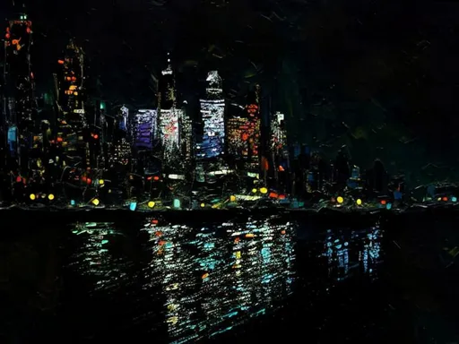 Prompt: Colorful, thick oil impasto York Skyline from 42nd Street Pier, thick oil impasto