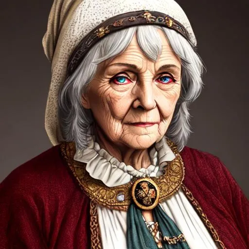Prompt: medieval, fantasy, rpg, high quality, very detailed, detailed eyes, full body of an old lady dressed in commoner's poor clothes.