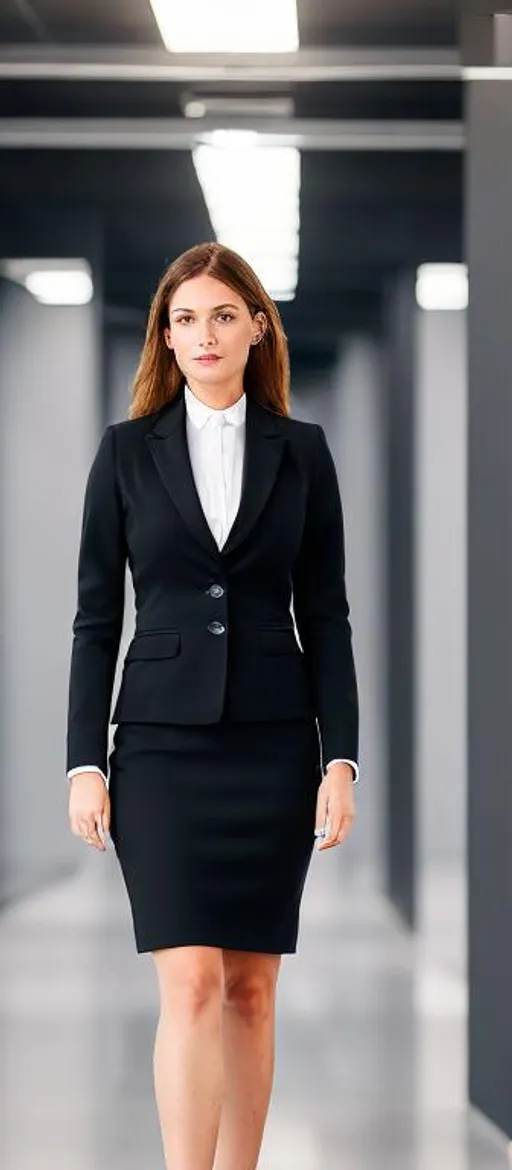 Prompt: 4k picture quality, realistic style, a young office lady wearing black suit and skirt in the office 