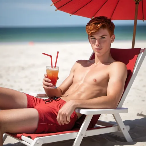 Prompt: Hot, slim, 19 year old guy with a slender physique reclining on a beach chair sipping a drink with an umbrella at the beach. He has on red swim trunks, and no shirt, he has short red hair buzzed shorter on the sides and back, he has some cute freckles on his cheeks. Full body portrait. Realistic Lighting. Photo Realistic. Slender body.