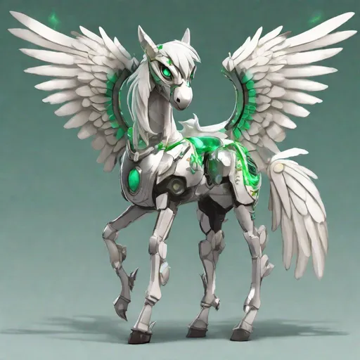 Prompt: Your OC is a small twisted pegasus bipedal animatronic, with focused emerald eyes. They identify as male, and have a high-pitched voice. As an accessory, they have nothing, and they can be seen holding a weapon for safety. standing on two legs
