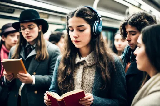 Prompt: vintage girl with a long hair reading a book on a train crowded by people listening to music by headphones on, many people standing and using phones around her, people taking pictures of her, realism, night, low light, 8k, focus, beautiful pretty girl, people standing around a standing girl with opened eyes