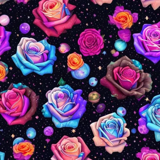 Prompt: Moody roses in outer space in the style of Lisa frank