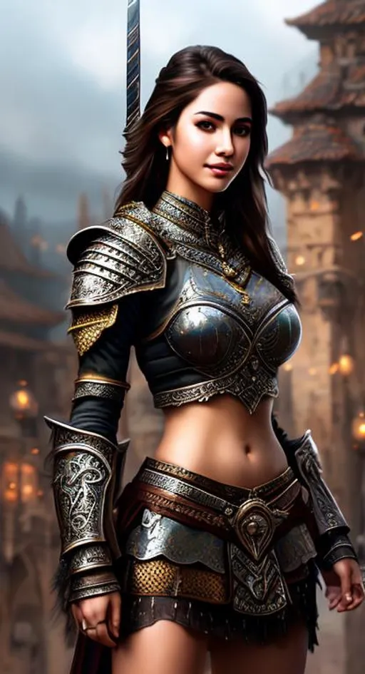 Prompt: High-resolution hyper realistic painting of {topless, medieval fantasy corean girlfriend, highly detailed, short hair,  skirt, fullbody, tight, abs}, uhd, hdr, 64k, epic scene, sharp edges, wearing armor, expressive amused lips. Clean. Intricate detailes. Castel décor.