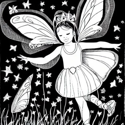 Prompt: create black and white pictures of fairies for children to colour