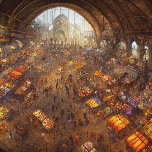 Prompt: large, cavernous hall as large as a town with a fantasy bazaar, with stalls, food stands, and taverns, cinematic composition, detailed, concept art, Matt painting, oil painting, high res, bird view