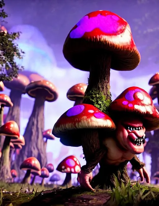 Prompt: an ugly troll rampaging through a magical mushroom village :: multi-colored :: deep colors :: epic :: dramatic :: fantasycore :: Unreal Engine :: trending on Artstation