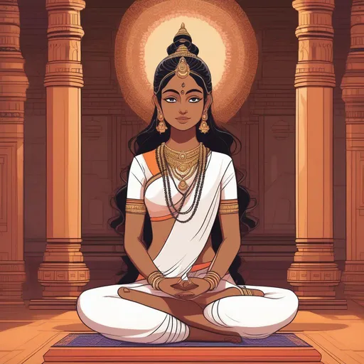 Prompt: A young hindu girl seated in lotus position. Inside a Shiva temple. cute. Rpg art. 2d art. 2d. Well draw face. Detailed. 