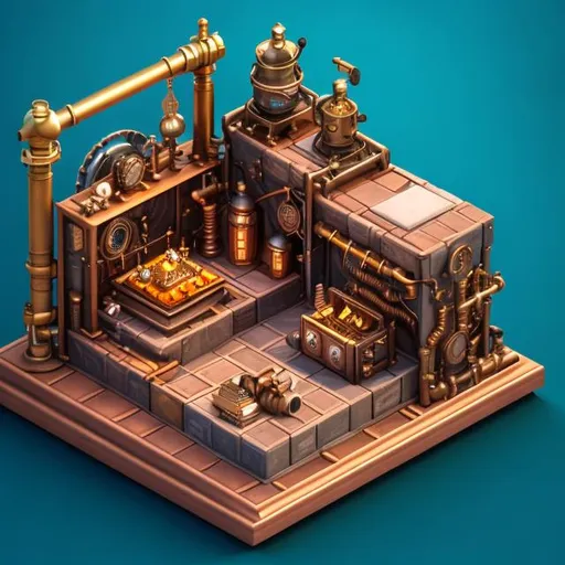 Prompt: cute isometric steampunk forge and anvil in middle, cutaway box, fantasy, highly detailed, made with blender --v 4