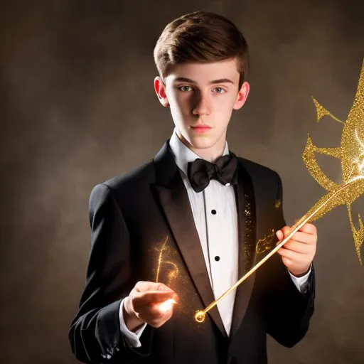 Prompt: 16 year old boy in a tuxedo casting a gold sparkly magic spell with his magic wand 