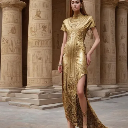Prompt: Ared pharaonic women's dress with golden pharaonic drawings inspired by modern elegance