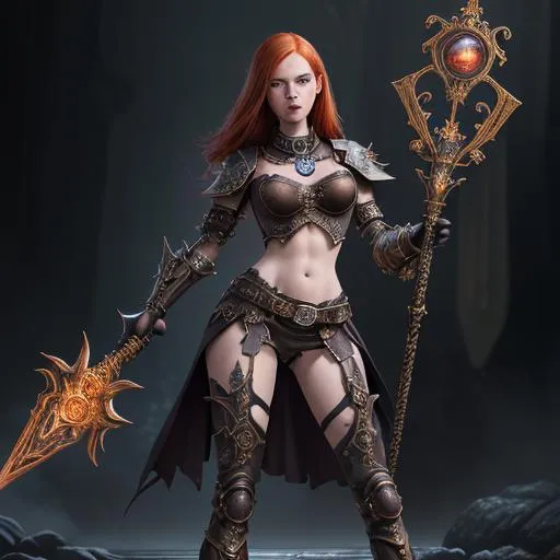 Prompt: splash art, hyper detailed perfect face, full body, In an ultra realistic hyper detailed dark fantasy, battle arena, 

beautiful, adult fantasy redhead Sorceress, full body, long legs, perfect body, visible midriff,

wearing ultra detailed class armor, heavy iron steampunk collar, staff wielder,

high-resolution perfectly detailed feminine face, perfect proportions, intricate hyper detailed hair, light makeup, sparkling, piercing blue eyes,

Dark, ethereal, elegant, exquisite, graceful, delicate, intricate, hopeful, glamorous,

HDR, UHD, high res, 64k, cinematic lighting, special effects, hd octane render, professional photograph, studio lighting, trending on artstation, perfect studio lighting, perfect shading.