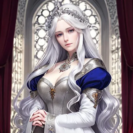 Prompt: Beautiful, medieval lady, fair skin, bright silvery-white hair, long wavy hair, side parting, hair like moonlight, fine pale eyes, heart-shaped face, elegant, intricate detailed red dress, 4k, 16k, sad, pensive, graceful, detailed masterpiece, detailed composition, full-body, proportionate limbs, hourglass figure, 