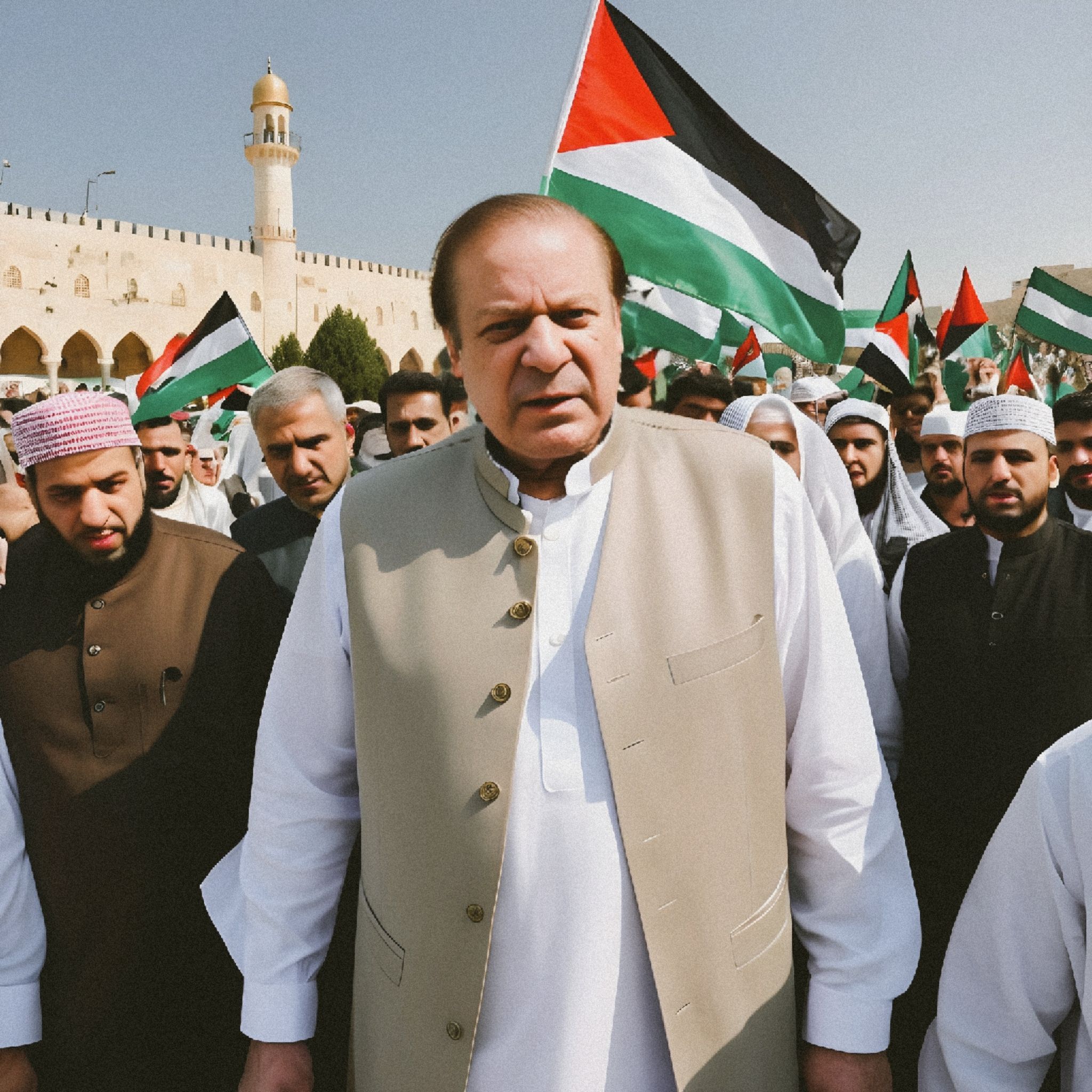Prompt: A Beautiful Picture of Nawaz Sharif Stands for Palestine 