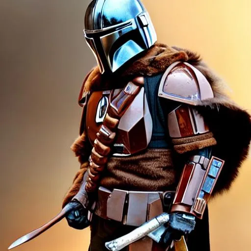 Prompt: beautiful photo of a mandalorian blacksmith with copper helmet and fur cloak