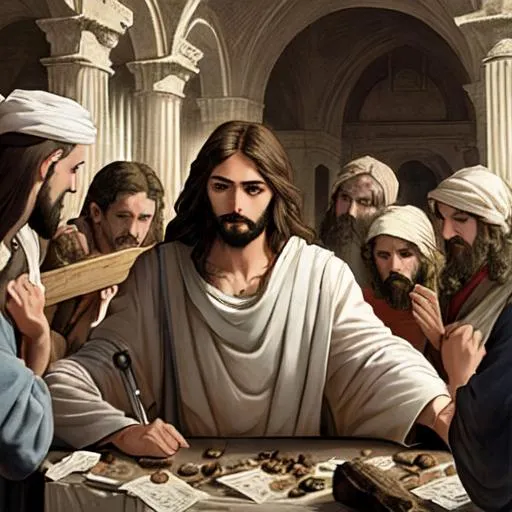 Prompt: Jesus turns the tables and destroys the market