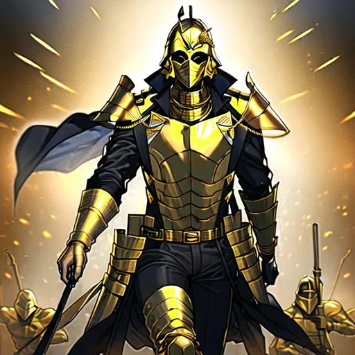 Prompt: Man in golden mask in battlefield