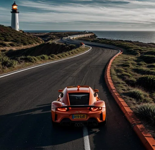 Prompt: an orange racing car is overtaking other cars on a s-shaped road. the racing car is driving toward to the lighthouse. A obvious lighthouse  at the end of the road. beam. midday. photorealistic