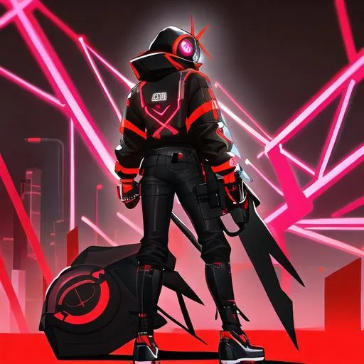 Prompt: Male character, black but red neon gas mask, cyber netrunner hood (black but neon red), neon red Sword In its Back, Red Mecha Cyber Jacket, black jeans, red shoes