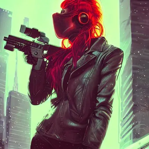Prompt: high detail, beautyful dark red hair woman with a neon mask, standing on a rooftop, shadowrun, rifle, cyberpunk streets, art, fantasy, rainy night, neon lights
