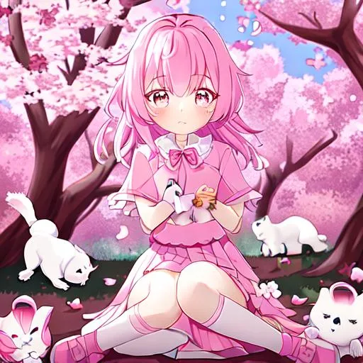 Prompt: female, pink fluffy hair, with a cottagecore pink top, with a fluffy pink school skirt, sitting next to a cherry blossom tree, leaves falling , with a white puppy sitting on her lap