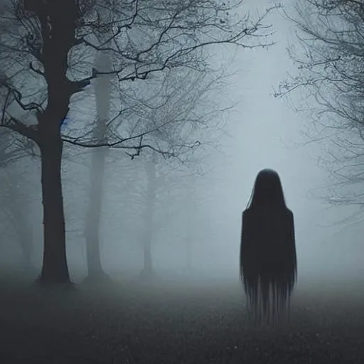 Prompt: Lonely long hair ghost depresive in fog 
