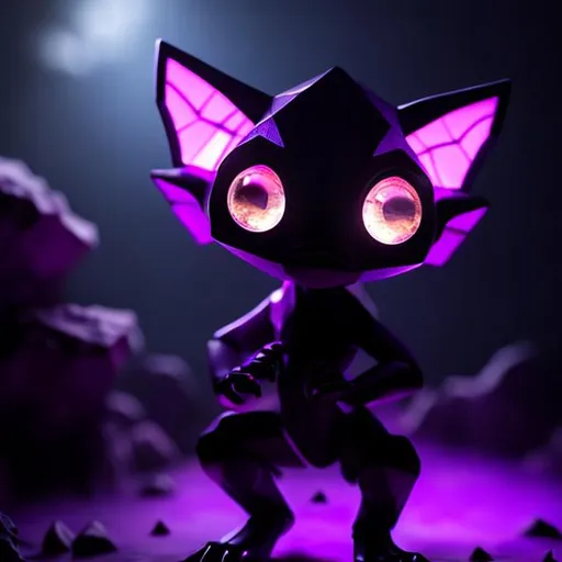 Prompt: Small purple humanoid figure, long pointy ears, large hexagon shaped gems for eyes, a large mouth with small pointy teeth, three fingers on each hand and three toes on each foot, short limbs, crouched stance, purples and blues, dim lighting, cave, spooky, goblin like, dark, smooth skin, crystals, genderless, clear image