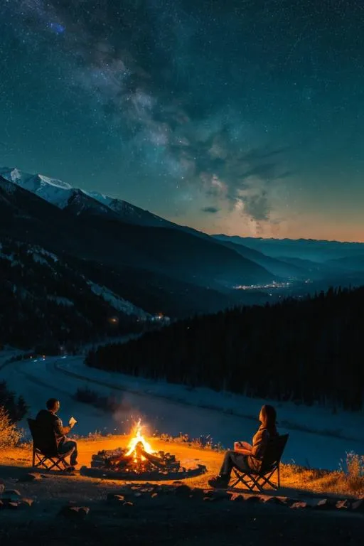 Prompt: long wide view photo highway, quiet, night, starry sky, full moon, serene atmosphere with the silhouette of the hills seen in the distance people who were sitting by the fire ultra hd