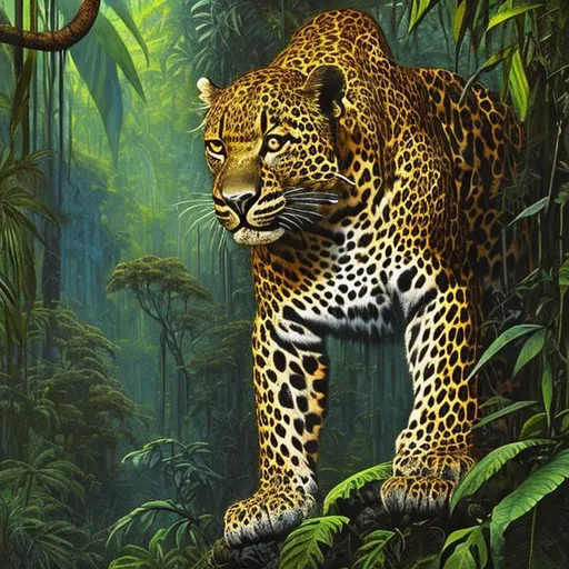 Prompt: Landscape painting, lush and dark jungle, a leopard with its pray, dull colors, danger, fantasy art, by Hiro Isono, by Luigi Spano, by John Stephens