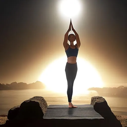 Prompt: "Develop an image that conveys the transformation from inertia to action through morning yoga. Depict a person emerging from a dark hole, symbolizing the feeling of stagnation and procrastination. While performing a vigorous yoga pose, rays of light radiate from their body, gradually filling the space around and dissipating the darkness. The person's facial expression should reflect a mixture of determination and surprise in the face of their own inner strength. Visual elements such as objects representing tasks to be accomplished emerge from the hole alongside the person, indicating the movement out of inertia. The setting shifts from shadows to more vibrant tones, emphasizing the positive change that occurs when the person embraces morning yoga as a means to leave procrastination behind and embrace a day of ultra productivity and achievements."