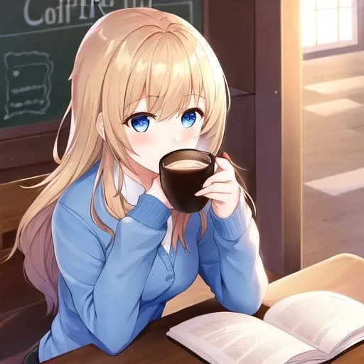 Prompt: a girl drinking coffee while reading