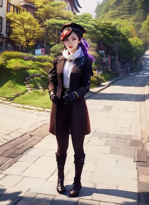 Prompt: A stunning digital painting of steampunk gothic student cobble road around South Korea, The painting is rendered in HDR, DTM, full HD, and 8K resolution, with ultra-detailed that captures every nuance and detail of the character's iconic suit and features.