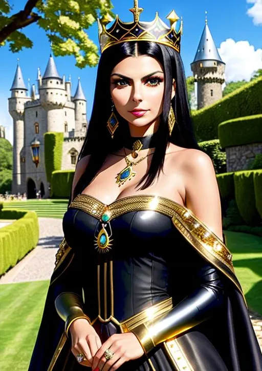 Prompt: Mix victoria justice and Morena Baccarin, green eyes, black long hair, dark skin, medieval royal dress, eyes green, hair black, gold jewelry, medieval castle, best quality, gold crown, green jewels, in garden, reaching up to touch bird 