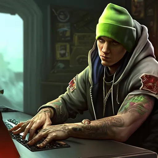 Prompt: Eminem, sitting at his desk, playing the online game known as World of Warcraft