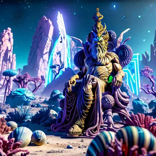 Prompt: On a distant planet there is a greek marble statue of a god sitting on a throne, overgrown by neon shells and corals. Rocks and strange plants surround it. Mountain range in the background.
Unreal engine, vibrant colors, highly detailed.