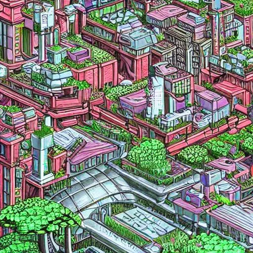Prompt: Futuristic city, with lots of gardens and high buildings, drawn in studio ghibli style, very detailed and high quality, red flags
