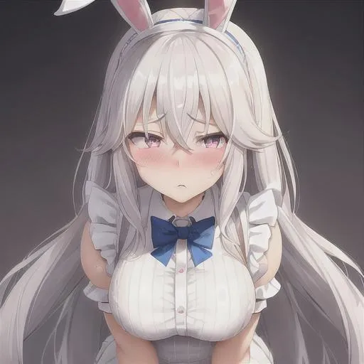 Prompt: a cute anime bunny maid with white hair and silver-colored eyes look at you from a certain distance as stands in front of you. her face forms a cute expression,her furrowed brows showing a just a bit of sadness as her look remain quiet and cold, just a bit slight of blush. she wears a sailor or a bunny outfit in white and pastel purple, pink colors and has a necklace around her neck in the form of a bow,  which is white or lilac. she wears a fancy pair of stockings and cute shoes.