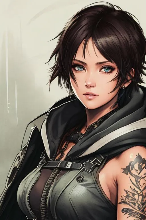 Prompt: sticker of an ultra-detailed portrait of  woman wanderer, wearing (black hooded battle gunner dress), high-quality cell-shaded illustration in post-apocalyptic style by Yoji Shinkawa, dark messy very short hair, short hair, dark hair, tattoos, blue eyes,  dynamic pose, perfect anatomy, freedom, soul, approach to perfection, cell shading, 4k, cinematic, dramatic atmosphere, watercolor painting, global illumination, detailed and intricate environment, wartorn background, concept art, fluid and sharp focus, volumetric lighting, cinematic lighting, serious smile, Art by Yoji Shinkawa,