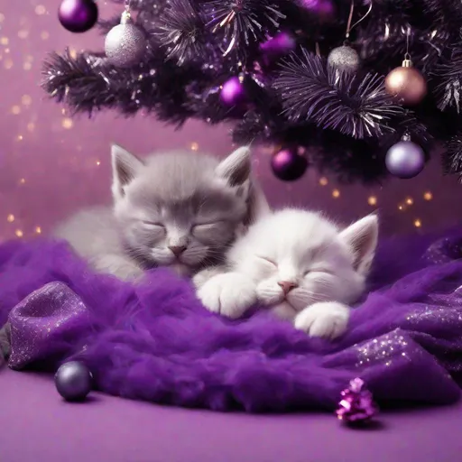 Prompt: kittens sleeping under a purple christmas tree