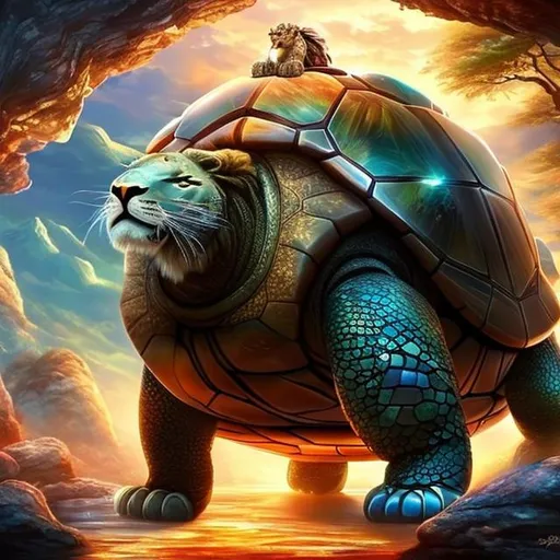 Prompt: a gargantuan turtle, with a gemstone shell, has a lion's head, RPG art, Anime art, 2D art, 2D, majestic