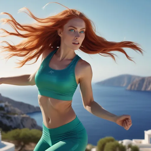 Prompt: (dancing scene) hybrid of an earth and alien woman, (vibrant light green skin), flowing blonde red hair, large dark expressive eyes, dressed in athletic wear, standing confidently, picturesque Greek island backdrop, bright blue skies, sunlit surroundings, (ultra-detailed), sharp focus, (4K UHD image), dynamic movement, energetic atmosphere, breathtaking landscape, inspiring elegance.