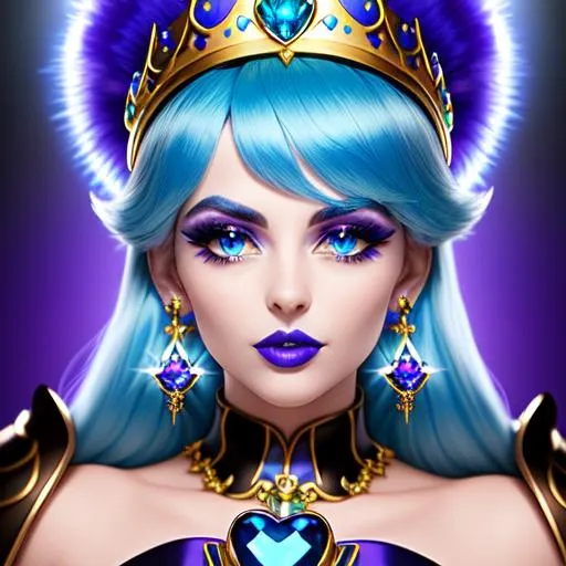 Prompt: Fusliewith ultradetailed large shiny blue lips, Blinding Heart Earrings, Blue Xtra Large Metal Ball Gown, Rainbow Sugar Gloves with Purple Fur, Glowing Blue eyes, Artisans Cut Gleaming Ice Cream Tiara. Pristine Green hair, confident facial expression, Full eyebrows with blue tint, Crocodile necklace, Wintry Aura, Black Armor Plated Shoulders, Cake Covered gold wand, Sharp Nails, Auroras in eye of hurricane. Blue Moon. High resolution, Realistic, Cold color scheme, high radiance.