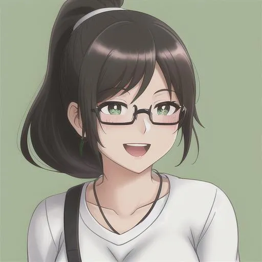 Prompt: a 30 years old, blushing, shy mature lady with black ponytail, black rimmed glasses and green pupils, laughing 