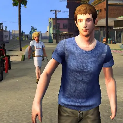 Prompt: Grand Theft Auto San Andreas (2004) awkward cutscene mod featuring Uncanny valley ((Mark Zuckerberg)) cosplaying as young CJ Carl Johnson from GTA San Andreas, white sleeveless tanktop, player model, grove st, mod, focus on face, protagonist, ghetto, psp screenshot, ps1 gameplay, Dreamcast graphics, San Andreas Mod, GTA SA, Compton, curly Caesar haircut, Renderware engine